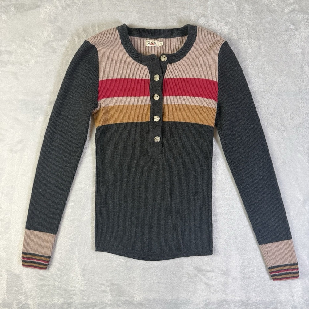 Faherty Mikki Henley Sweater Size Small Stripe‎ Grey/Red Organic Cotton Casual